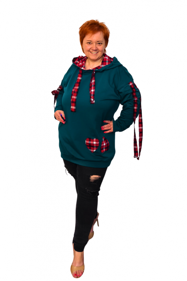 Mikina s káro detailmi a srdiečkom - zelená